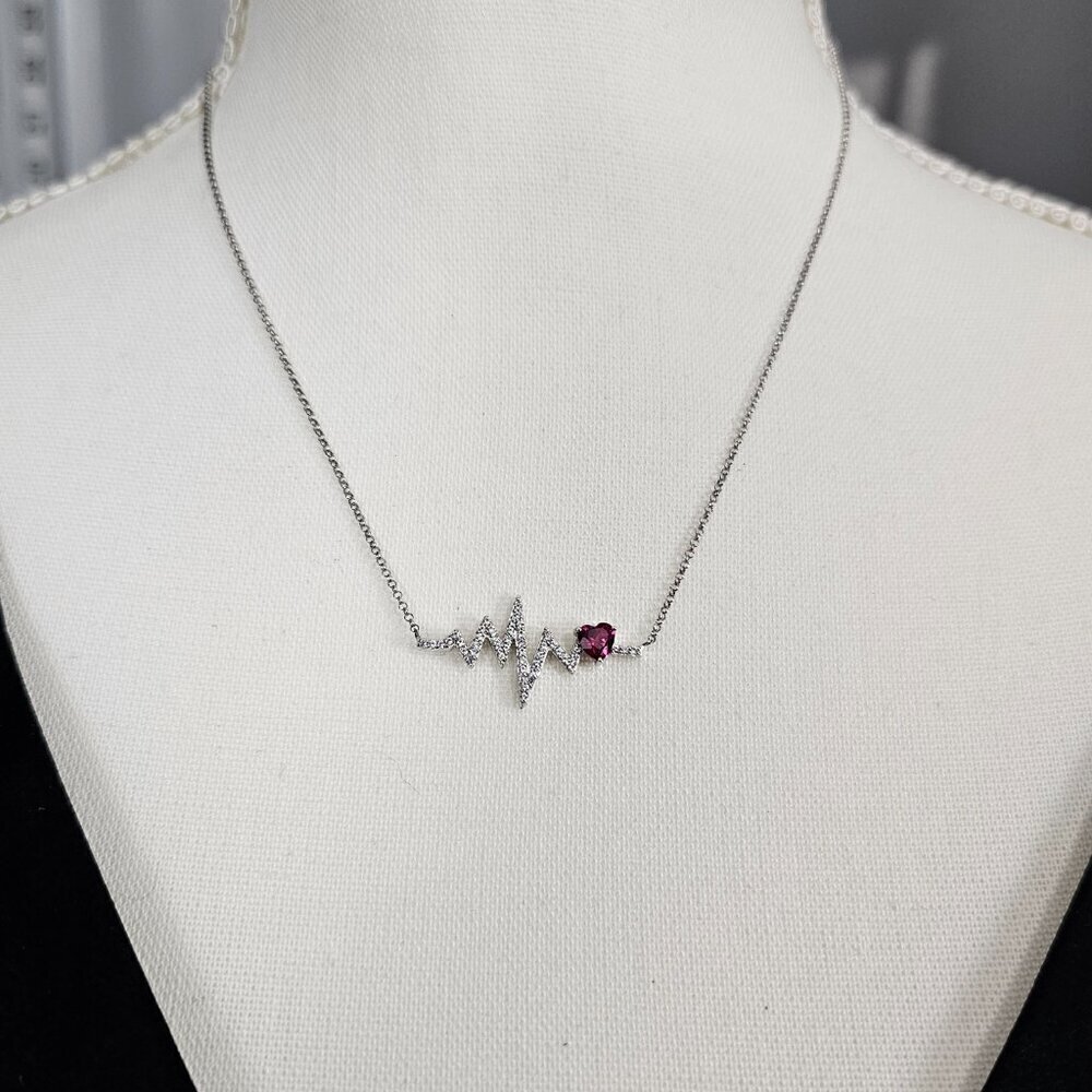 Sterling Silver Crystal Heartbeat Lab Created Ruby Stone Pendant Necklace